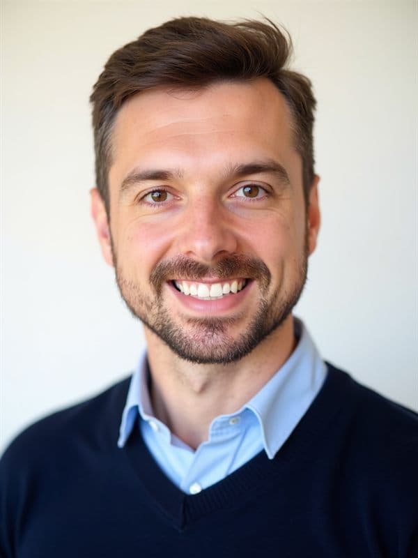 Marcin w granatowym swetrze i błękitnej koszuli na jasnym, jednolitym tle