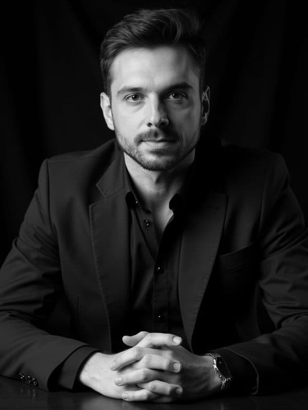 Portret Marcina w czerni i bieli, ciemne tło, ostre światło z boku