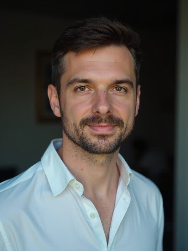 Marcin w białej koszuli, ciepłe światło z okna, ciemne wnętrze w tle