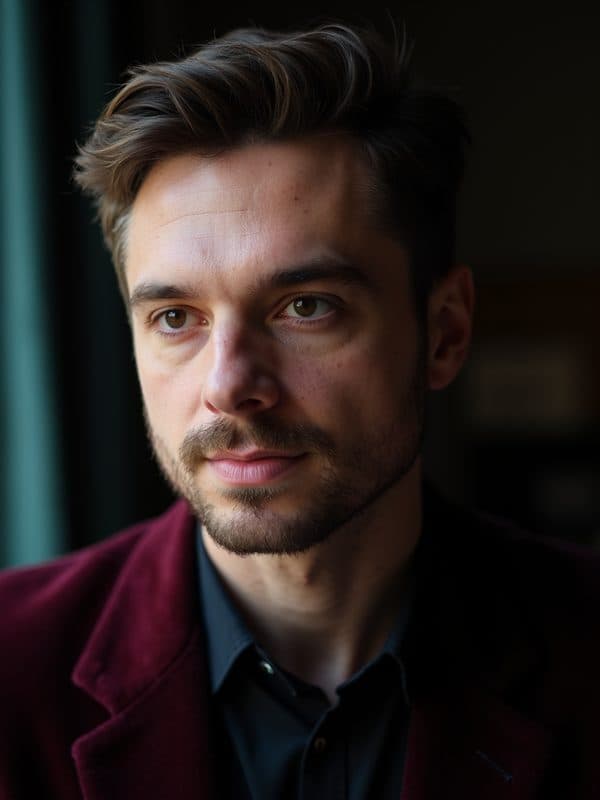 Marcin w białej koszuli, spojrzenie lekko w bok, to samo wnętrze