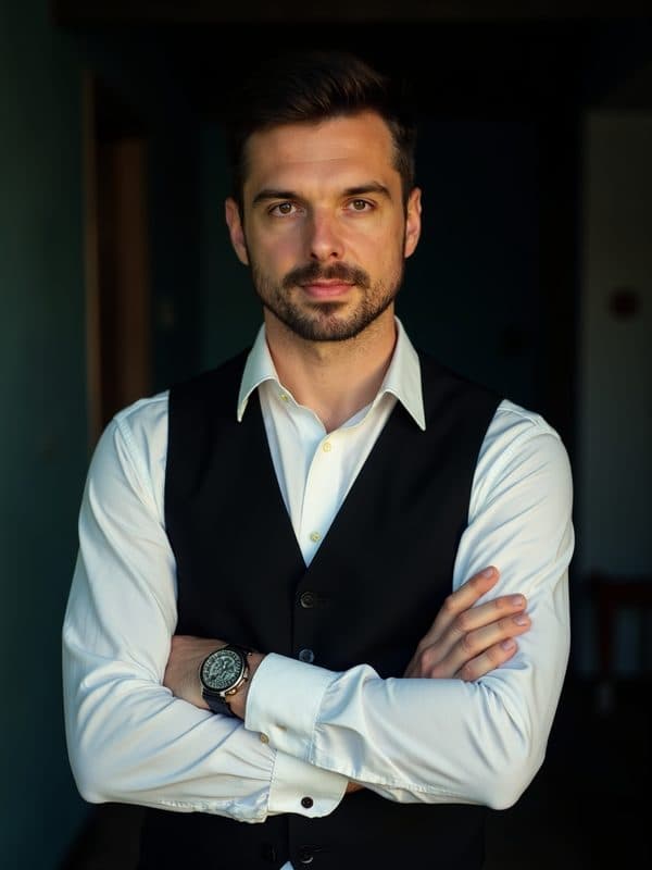 Marcin w czarnej kamizelce i białej koszuli, ręce skrzyżowane