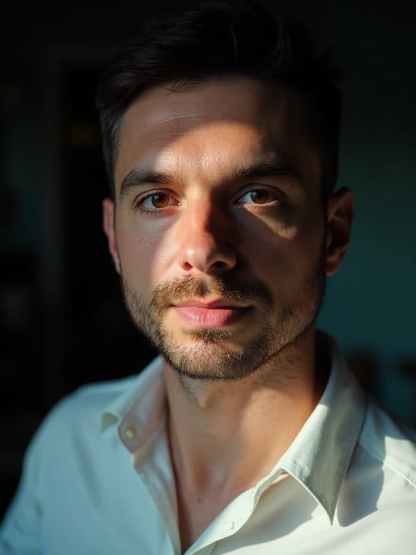 Marcin w czarnej kamizelce, sylwetka zwrócona w bok, ciemne tło