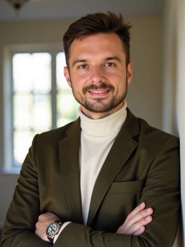Marcin w oliwkowej marynarce i białym golfie, z założonymi rękami, przy oknie w ciepłym świetle