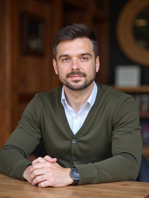 Marcin w oliwkowym swetrze oparty o blat, ciepłe wnętrze w tle