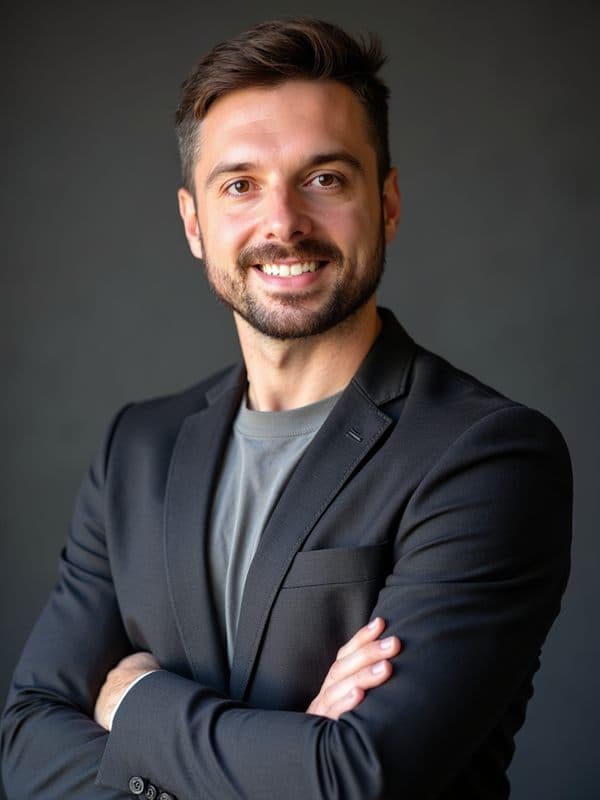 Marcin w ciemnej marynarce i szarym podkoszulku, ręce skrzyżowane, szare tło