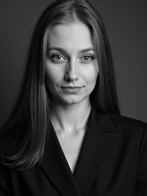 Marta w czarnej marynarce na ciemnym tle, portret czarno-biały, poważny wyraz twarzy
