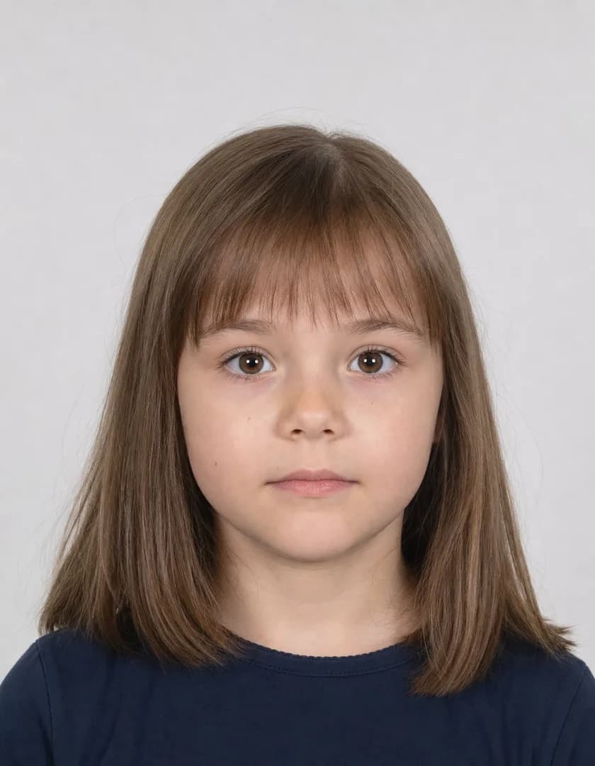 Przykładowe zdjęcie dokumentowe dziecka: twarz na wprost, jasne jednolite tło, równe światło.