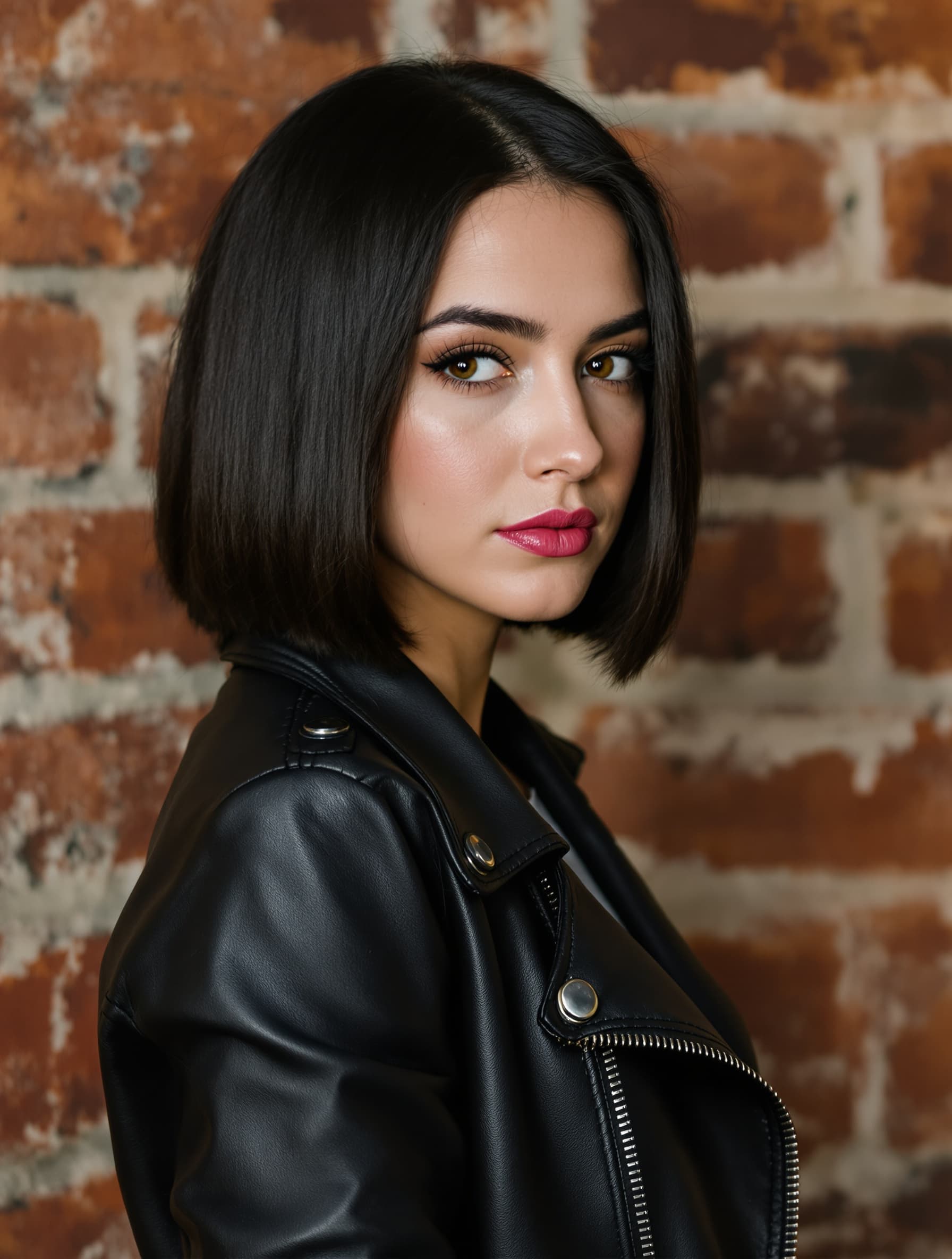 Artystyczny portret kobiety w skórzanej kurtce na tle ceglanego muru — styl Kreatywny