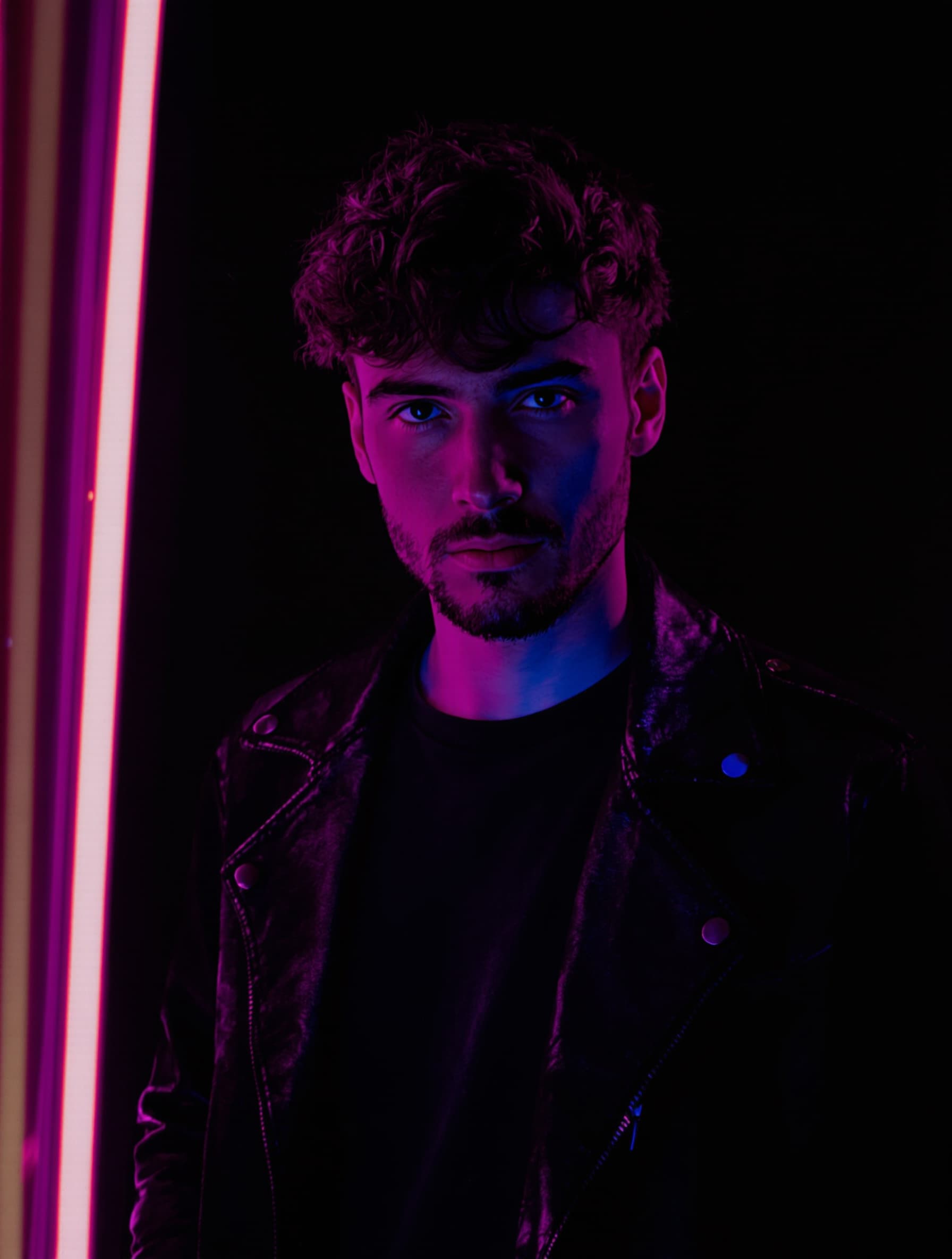Kreatywny portret mężczyzny w neonowym świetle magenta i cyan — styl Neon
