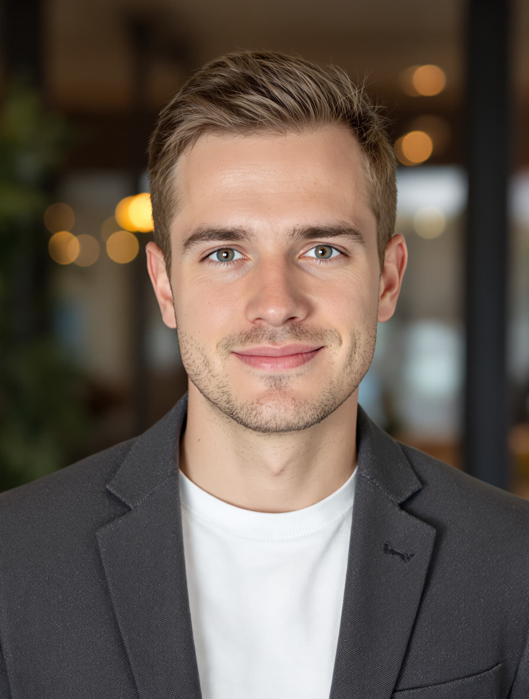 Swobodny portret młodego mężczyzny w marynarce i białym t-shircie w biurze — styl Startup